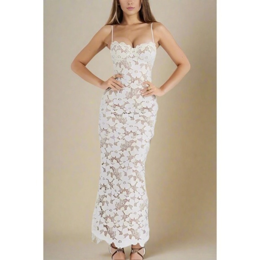 Commense Lace White Maxi Dress Evening Cocktail Party Bridal Wedding Guest Gown - Picture 6 of 8